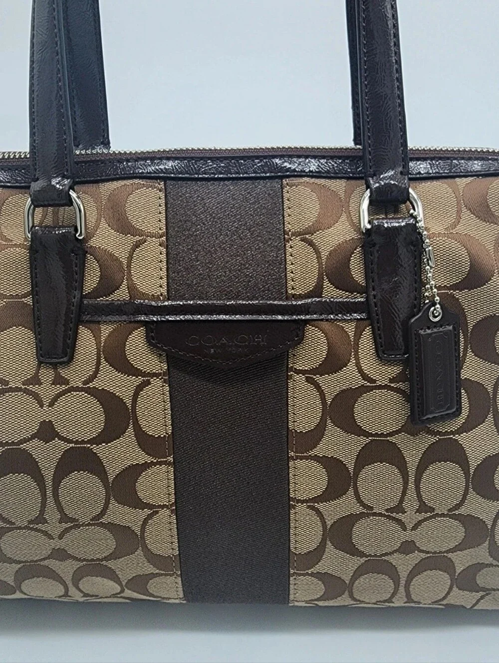 Coach Nancy Signature Stripe Satchel Brown Khaki NWT F28505